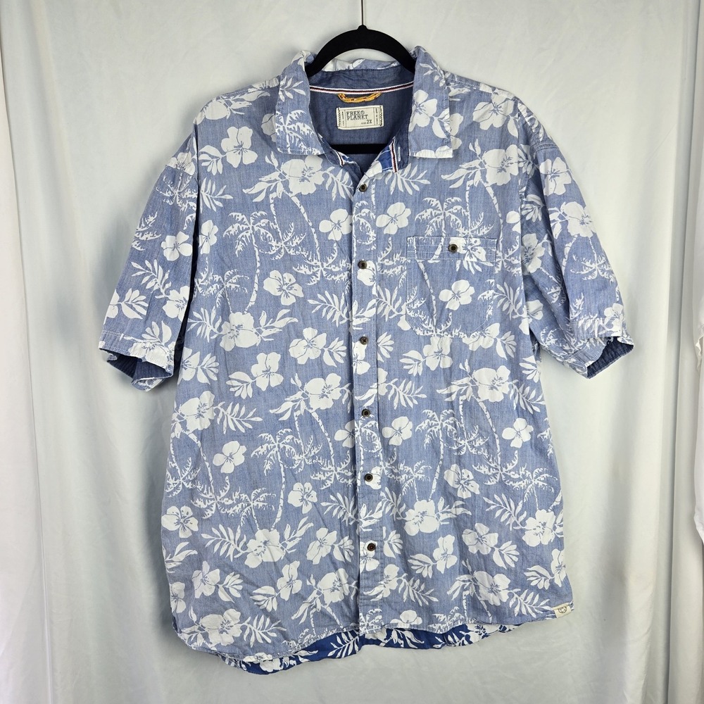 Free Planet Cotton Hawaiian Floral Button Up Mens 2X Blue Vacation Weekend Surf